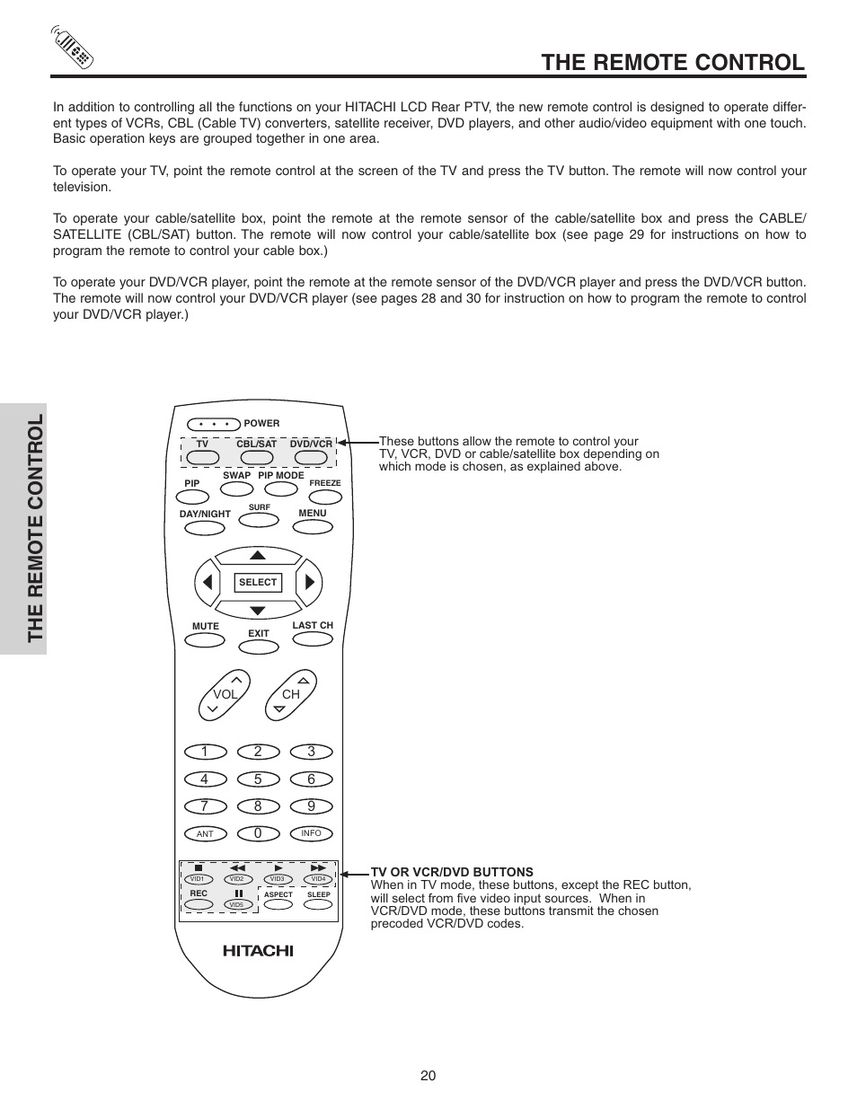 The remote control, The remo te contr ol | Hitachi 50C10 User Manual | Page 20 / 72