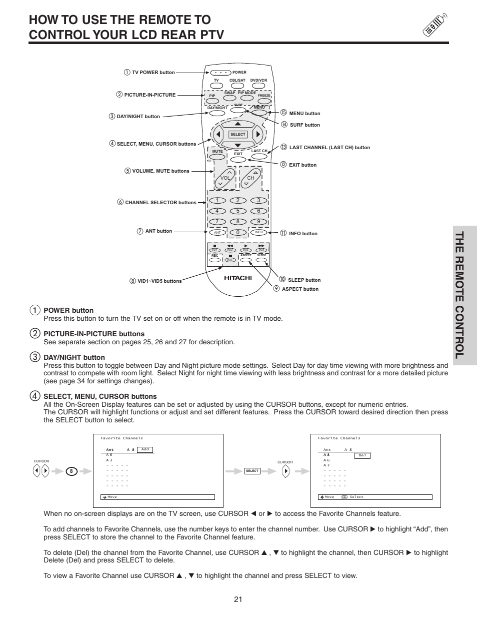 How to use the remote to control your lcd rear ptv, The remo te contr ol | Hitachi 50C10 User Manual | Page 21 / 72