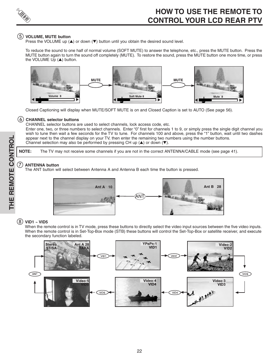 How to use the remote to control your lcd rear ptv, The remo te contr ol | Hitachi 50C10 User Manual | Page 22 / 72