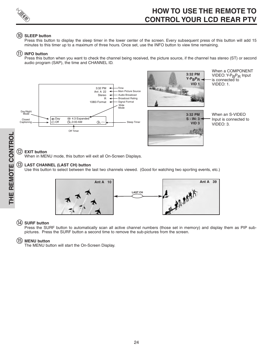 How to use the remote to control your lcd rear ptv, The remo te contr ol | Hitachi 50C10 User Manual | Page 24 / 72