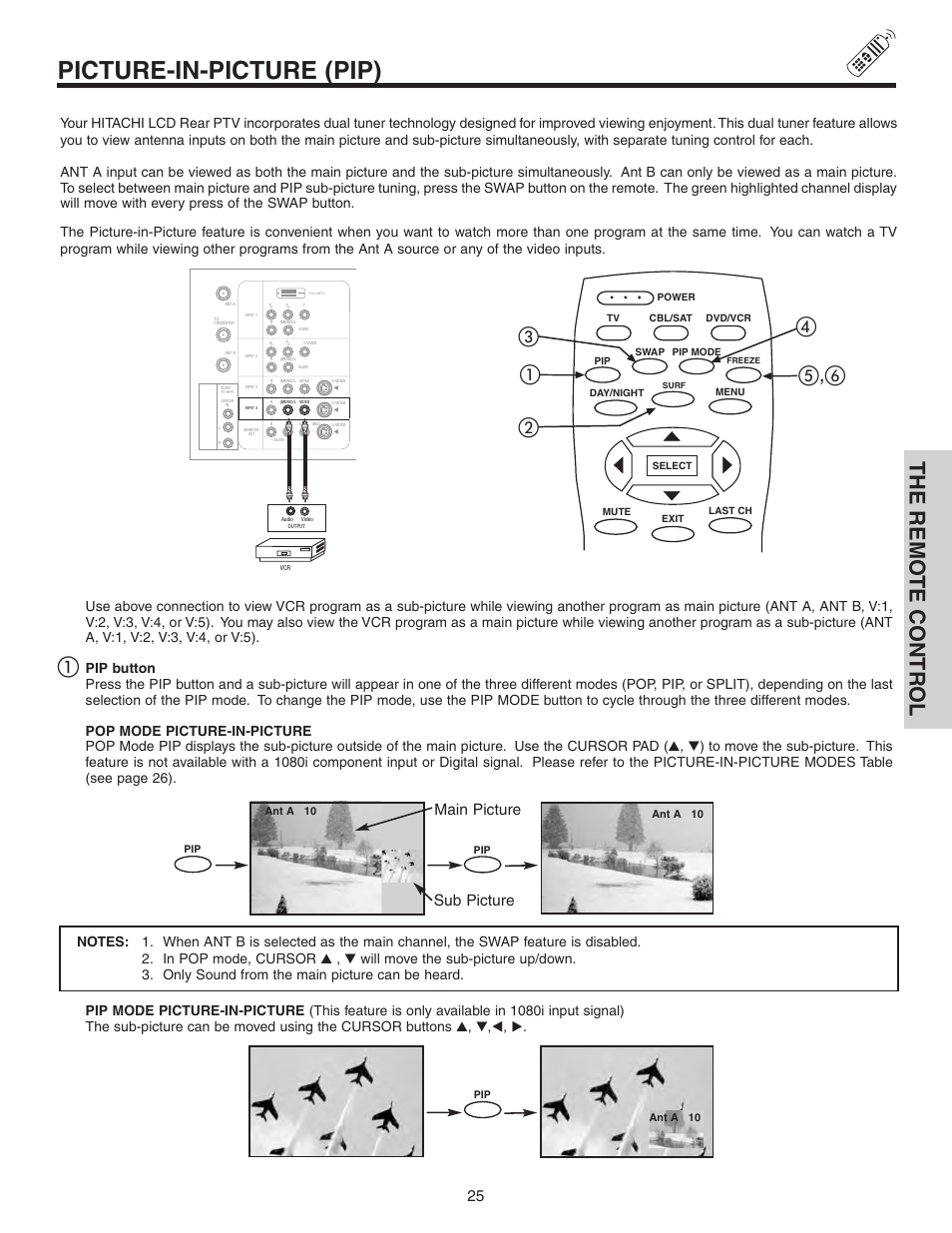 Picture-in-picture (pip), The remo te contr ol, ቢቤ ብ ቦ , ቧ | Main picture sub picture | Hitachi 50C10 User Manual | Page 25 / 72