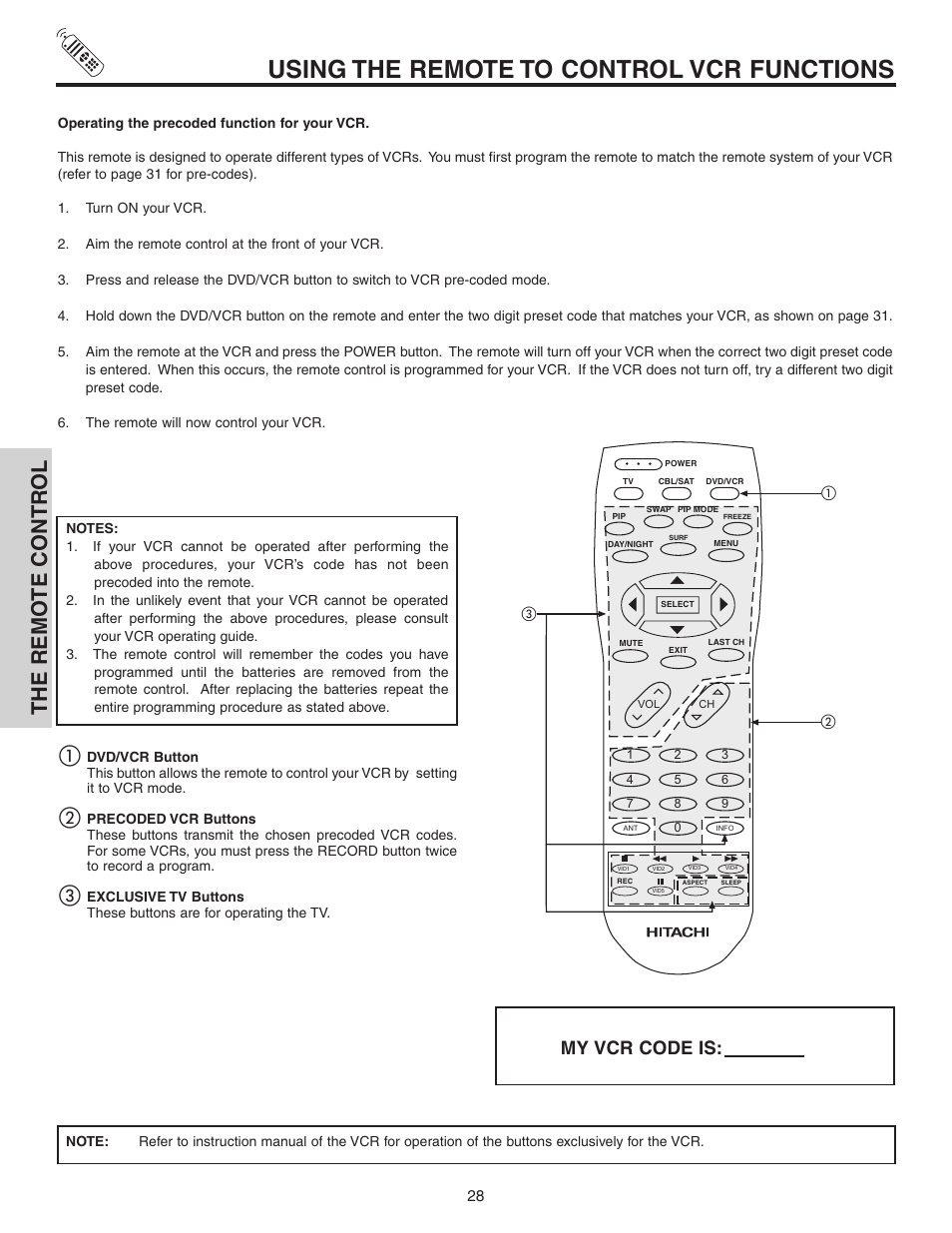 Using the remote to control vcr functions, The remo te contr ol, My vcr code is | Hitachi 50C10 User Manual | Page 28 / 72