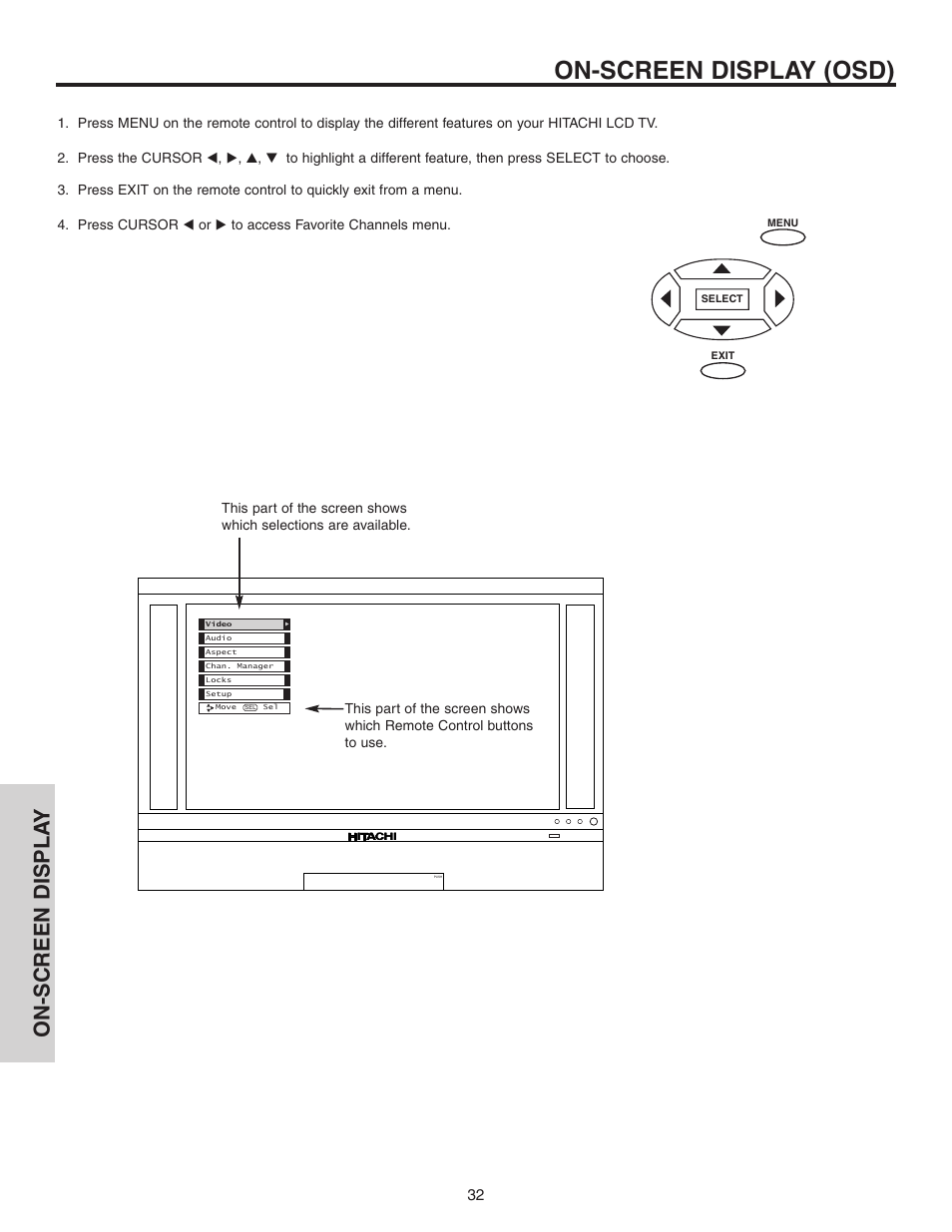 On-screen display (osd), On-screen displa y | Hitachi 50C10 User Manual | Page 32 / 72