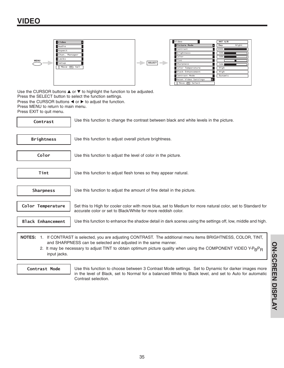 Video, On-screen displa y | Hitachi 50C10 User Manual | Page 35 / 72