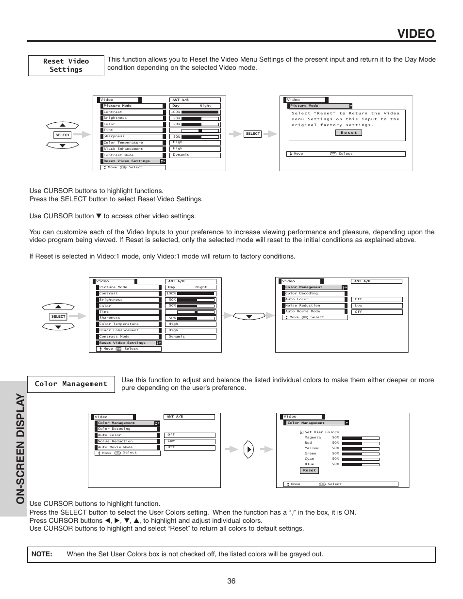 Video, On-screen displa y | Hitachi 50C10 User Manual | Page 36 / 72