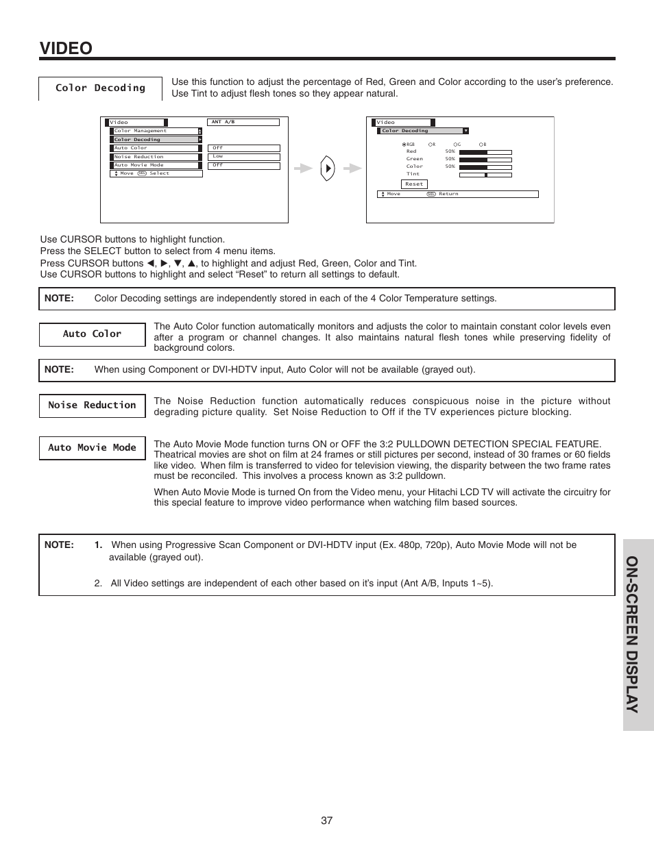 Video, On-screen displa y | Hitachi 50C10 User Manual | Page 37 / 72