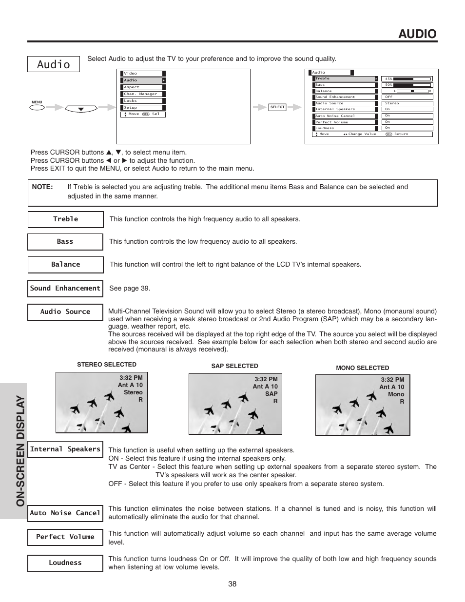 Audio, On-screen displa y | Hitachi 50C10 User Manual | Page 38 / 72