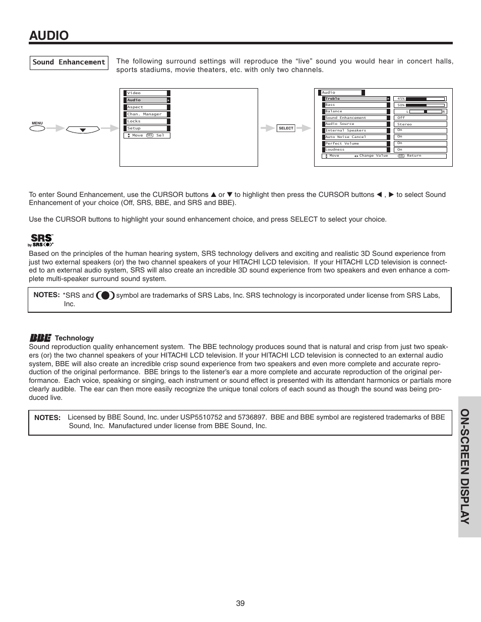 Audio, On-screen displa y | Hitachi 50C10 User Manual | Page 39 / 72