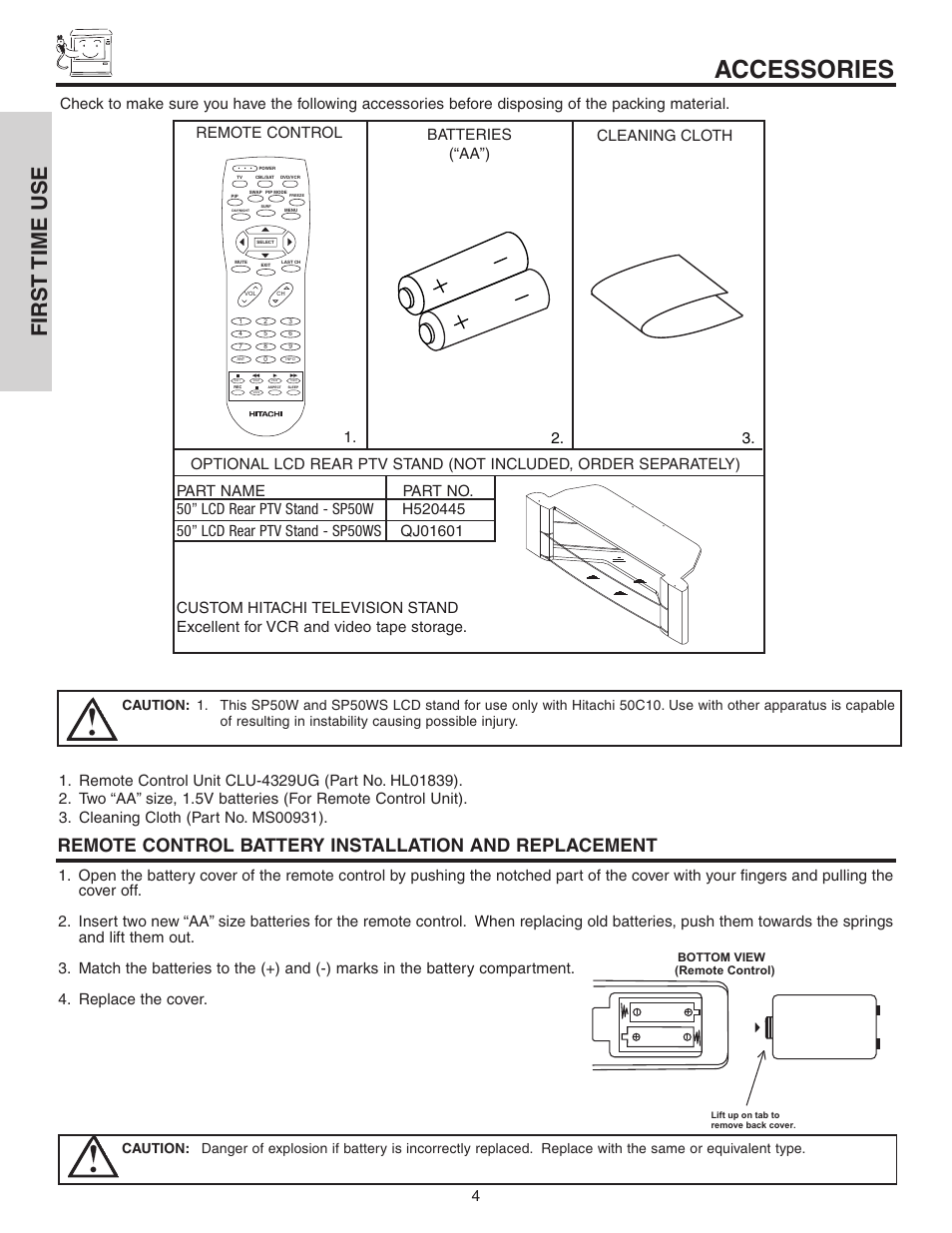 Accessories, First time use, Remote control batteries (“aa”) cleaning cloth 1 | Hitachi 50C10 User Manual | Page 4 / 72