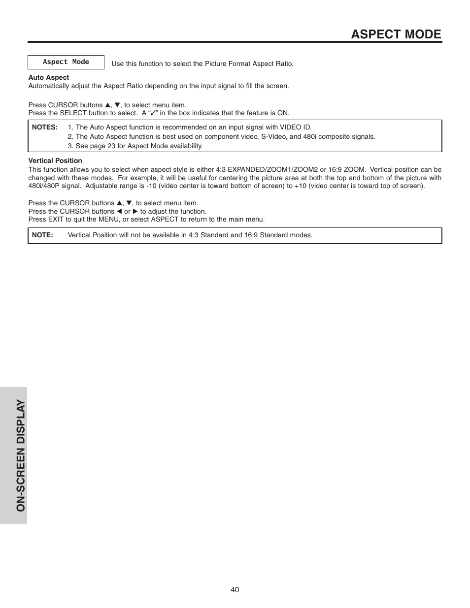 Aspect mode, On-screen displa y | Hitachi 50C10 User Manual | Page 40 / 72