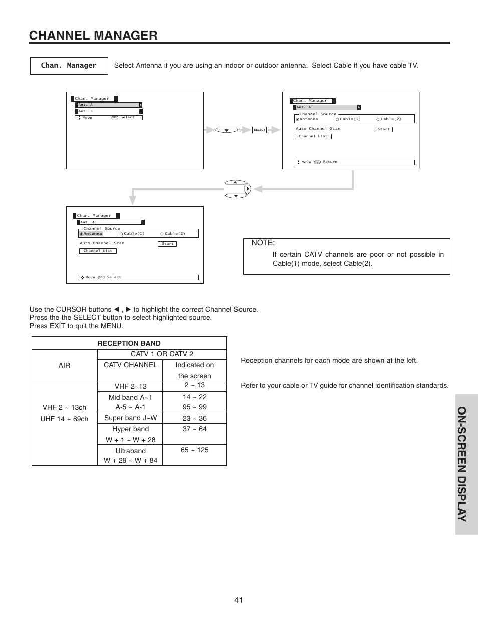 Channel manager, On-screen displa y | Hitachi 50C10 User Manual | Page 41 / 72