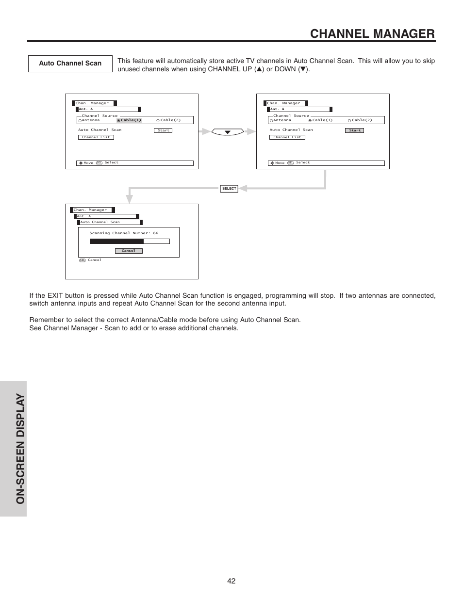 Channel manager, On-screen displa y | Hitachi 50C10 User Manual | Page 42 / 72