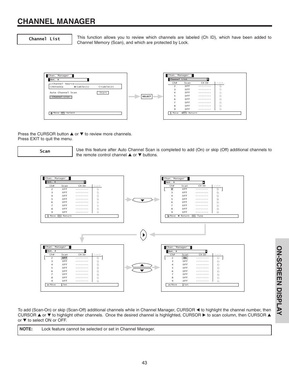 Channel manager, On-screen displa y | Hitachi 50C10 User Manual | Page 43 / 72