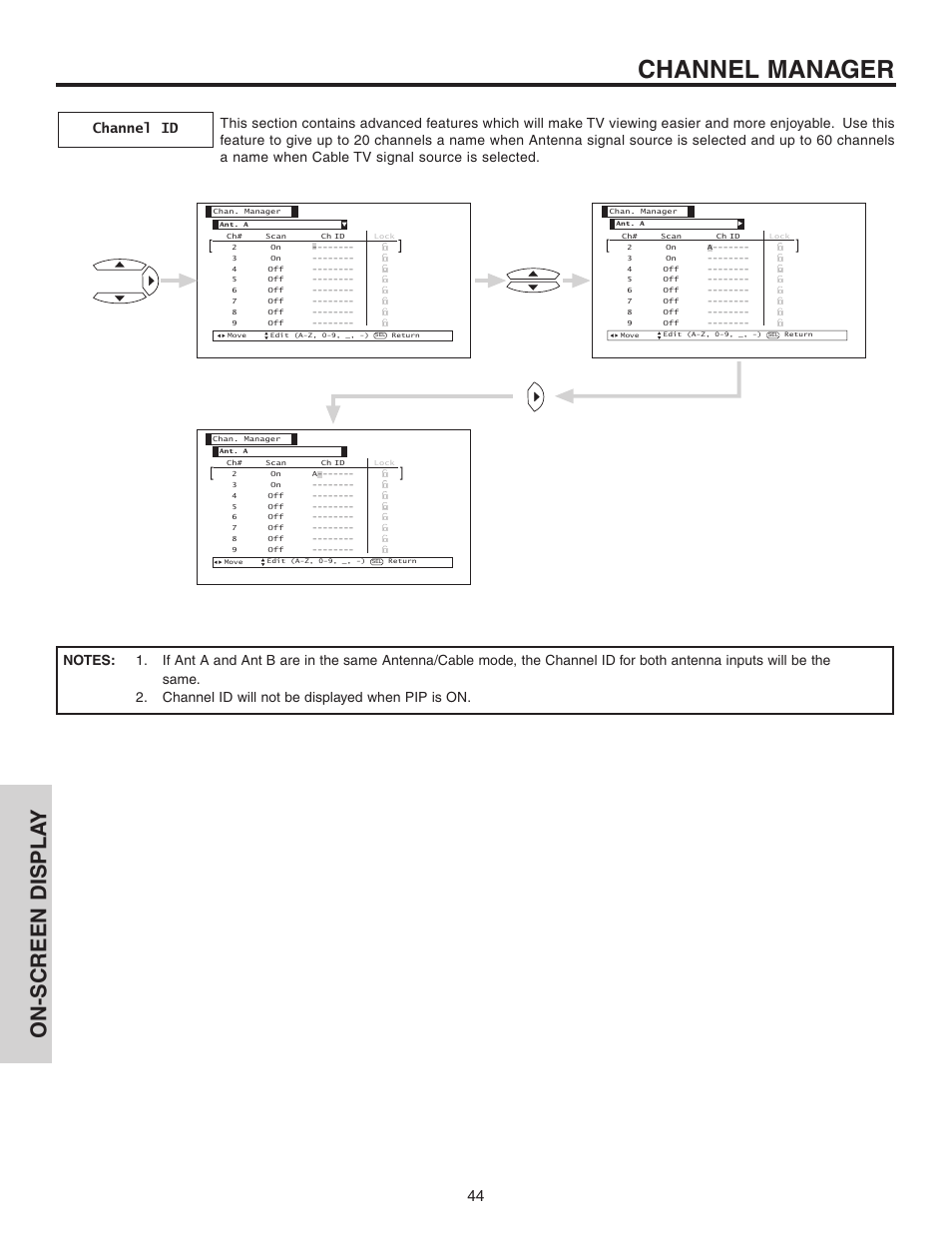 Channel manager, On-screen displa y | Hitachi 50C10 User Manual | Page 44 / 72