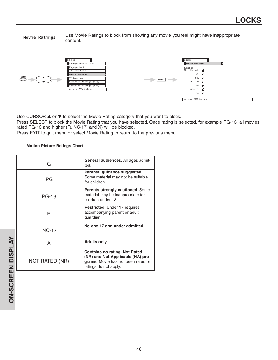 Locks, On-screen displa y, Gpg pg-13 r nc-17 x not rated (nr) | Hitachi 50C10 User Manual | Page 46 / 72