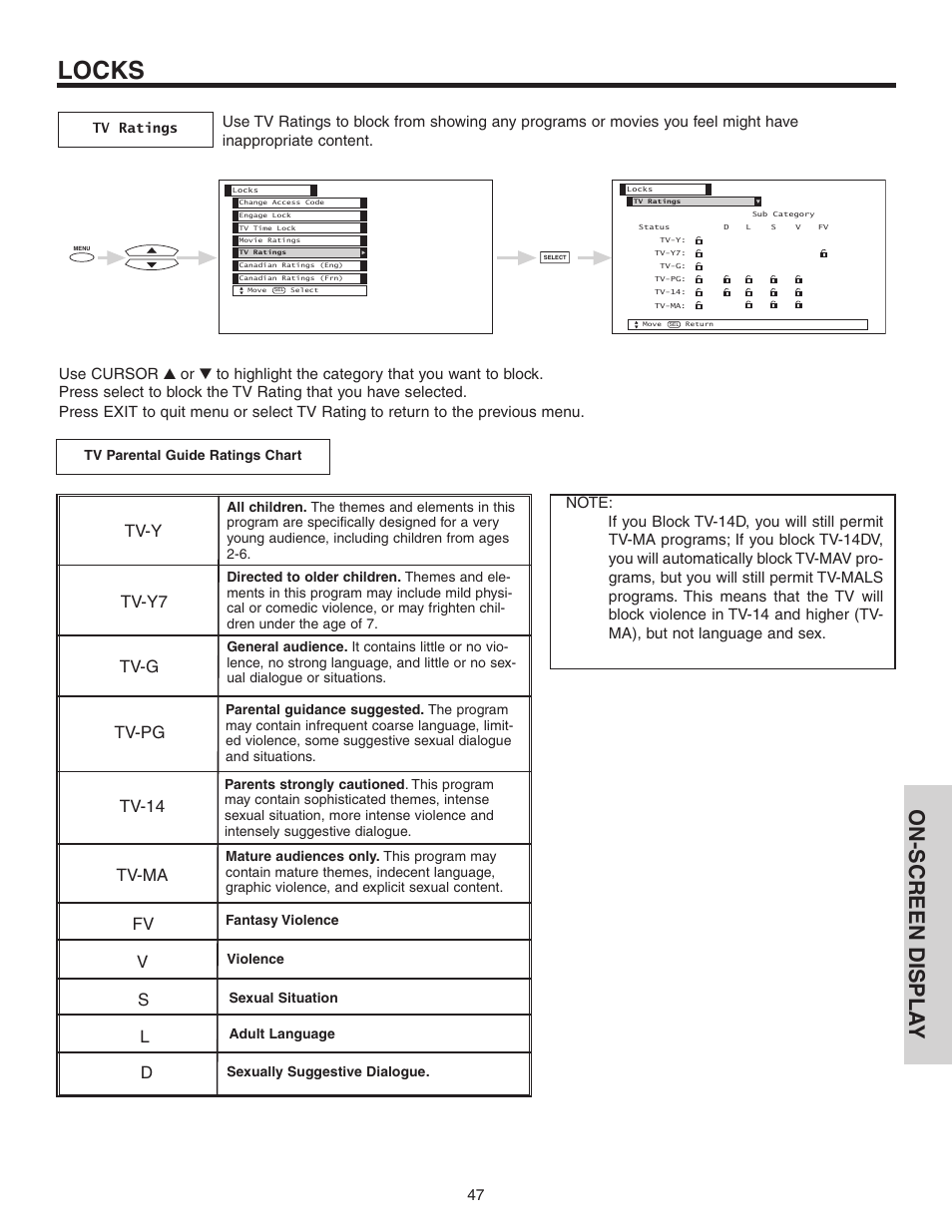 Locks, On-screen displa y, Tv-y tv-y7 tv-g tv-pg tv-14 tv-ma | Hitachi 50C10 User Manual | Page 47 / 72