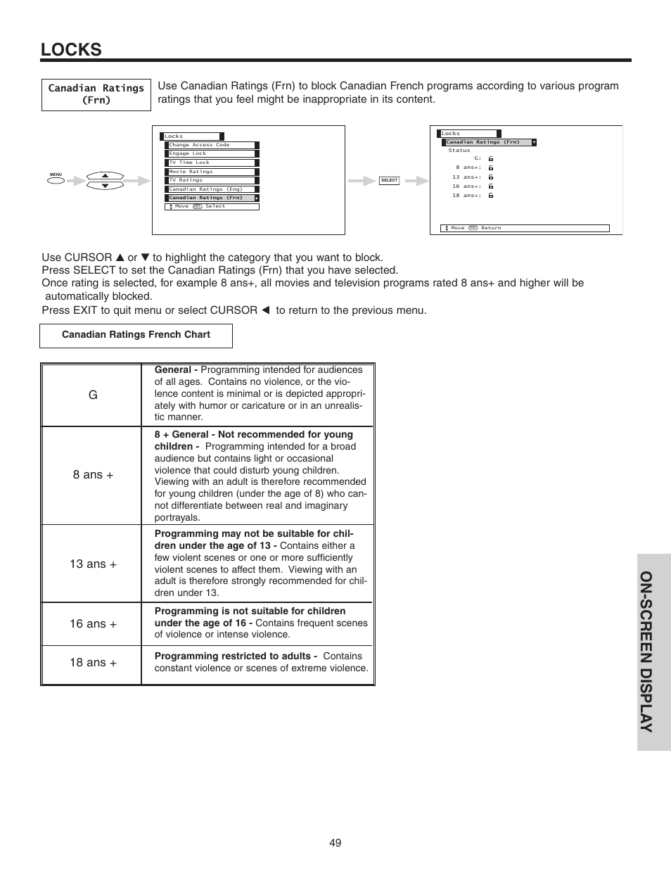 Locks, On-screen displa y | Hitachi 50C10 User Manual | Page 49 / 72