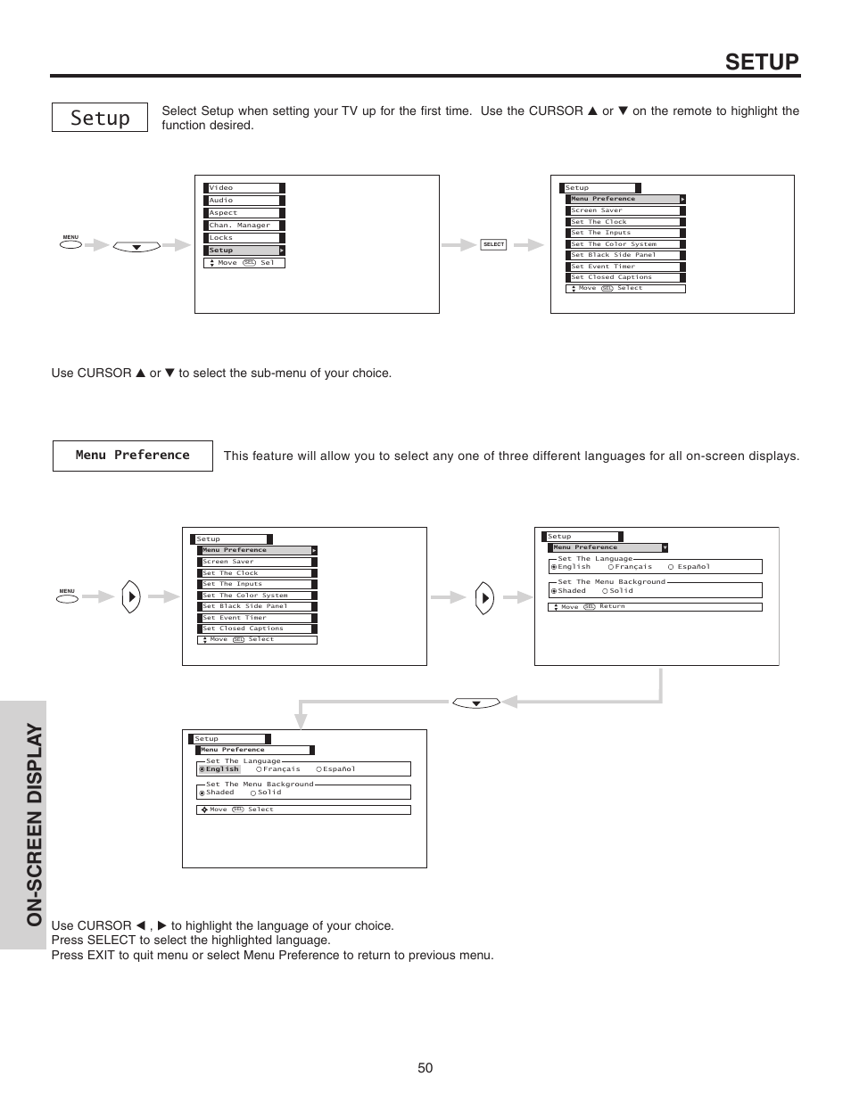 Setup, On-screen displa y | Hitachi 50C10 User Manual | Page 50 / 72