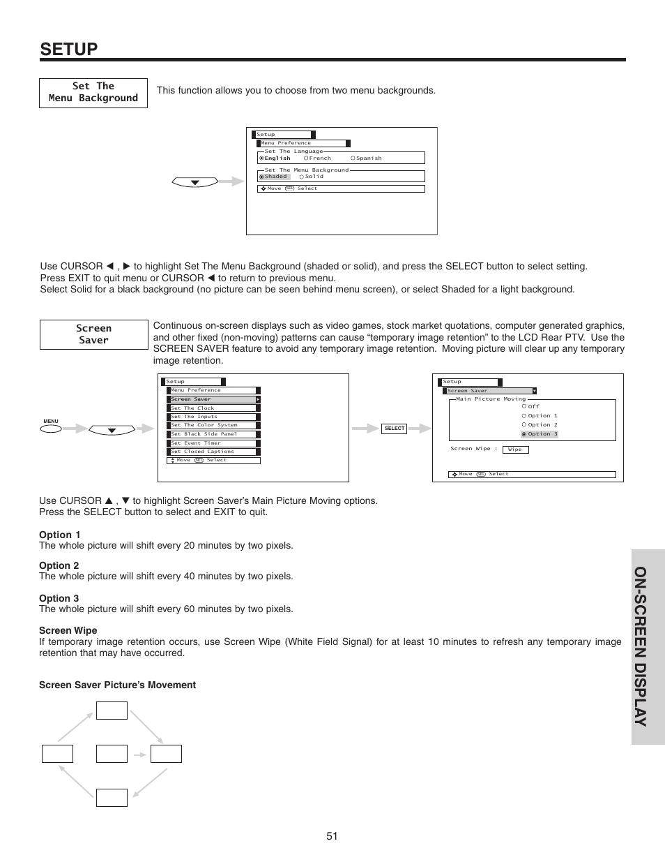 Setup, On-screen displa y | Hitachi 50C10 User Manual | Page 51 / 72