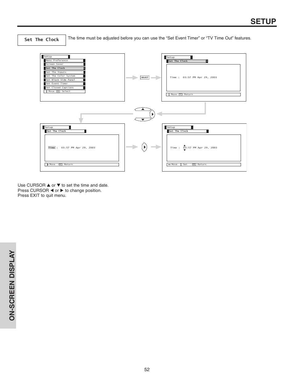 Setup, On-screen displa y | Hitachi 50C10 User Manual | Page 52 / 72