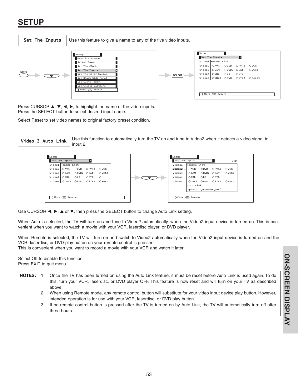 Setup, On-screen displa y | Hitachi 50C10 User Manual | Page 53 / 72