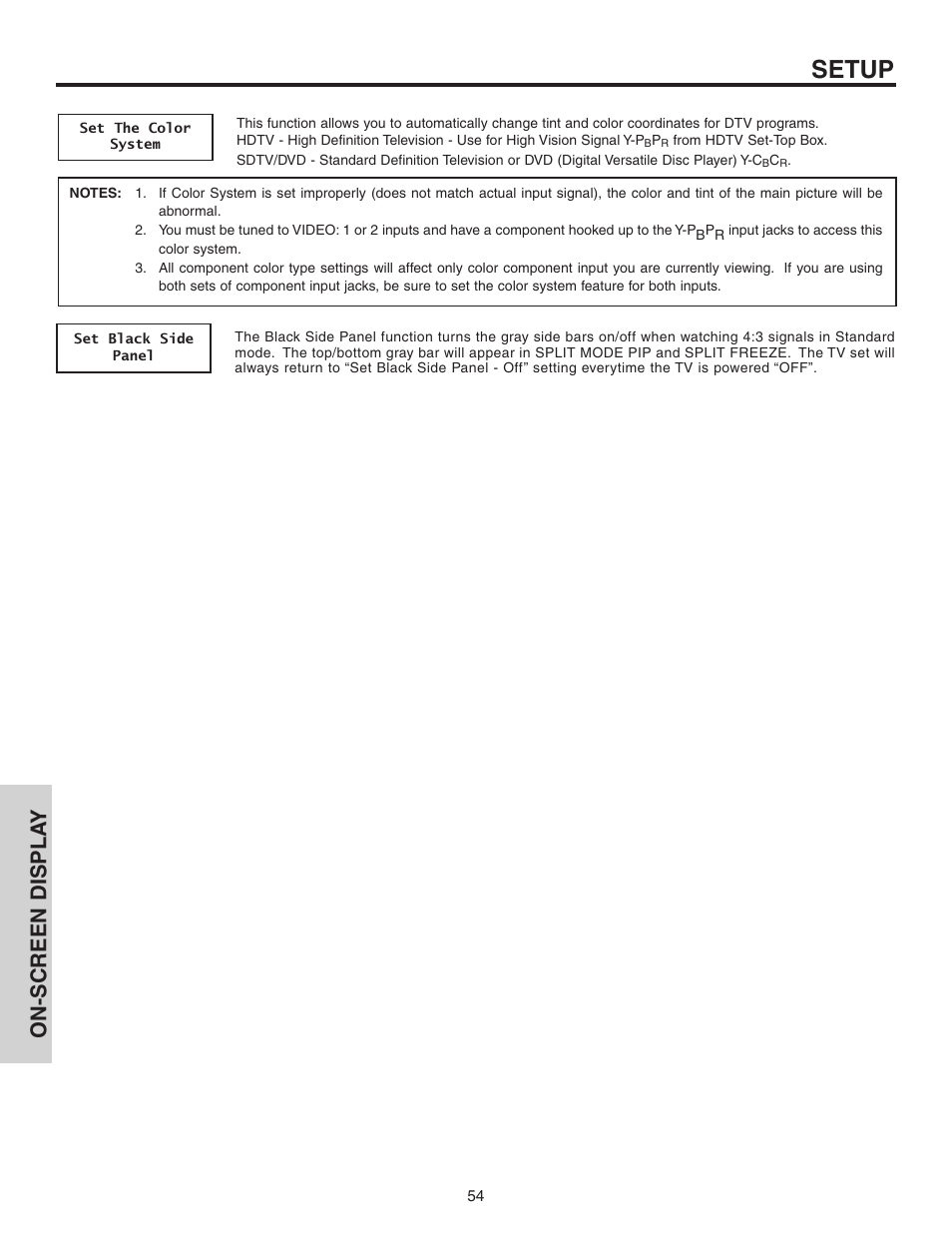 Setup, On-screen displa y | Hitachi 50C10 User Manual | Page 54 / 72