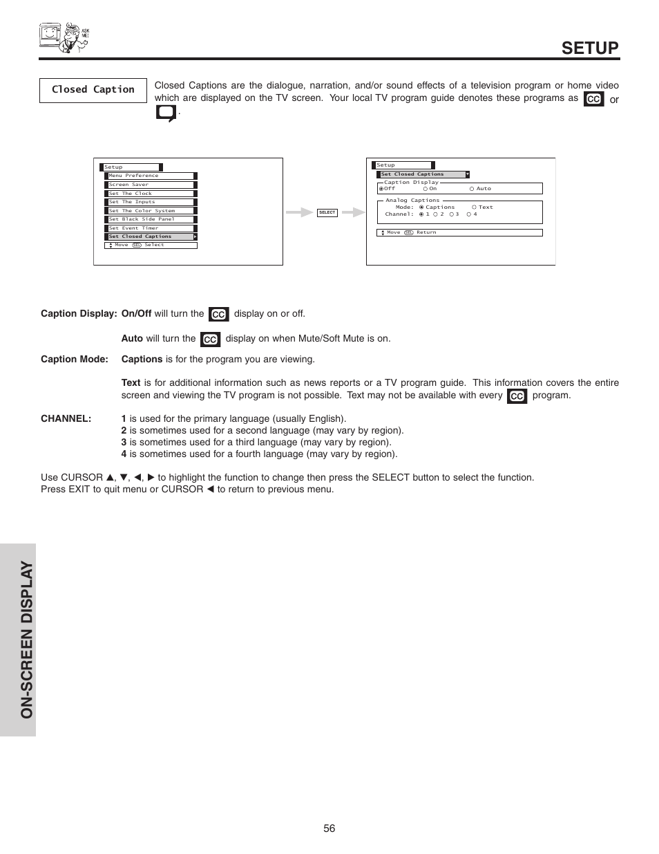 Setup, On-screen displa y, Closed caption | Hitachi 50C10 User Manual | Page 56 / 72