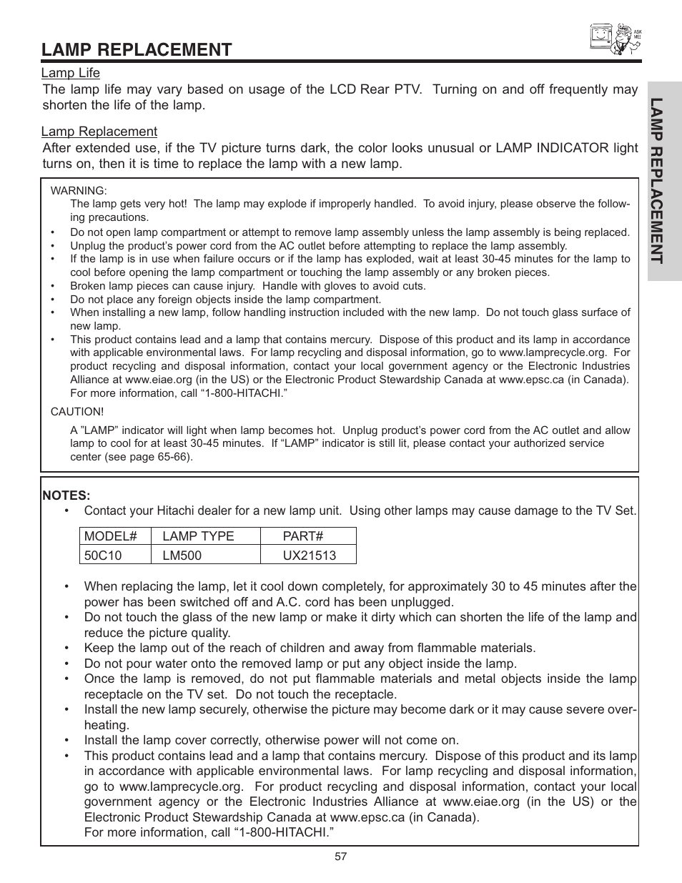 Lamp replacement, Lamp repla cement | Hitachi 50C10 User Manual | Page 57 / 72