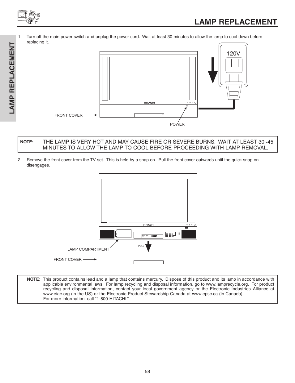 Lamp replacement, Lamp repla cement, 120v | Hitachi 50C10 User Manual | Page 58 / 72