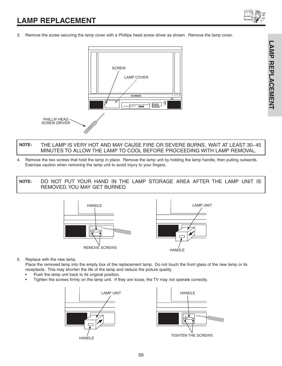 Lamp replacement, Lamp repla cement | Hitachi 50C10 User Manual | Page 59 / 72