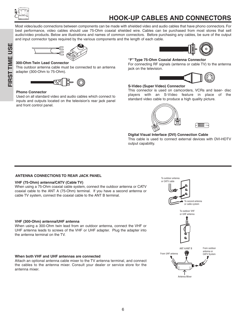 Hook-up cables and connectors, First time use | Hitachi 50C10 User Manual | Page 6 / 72