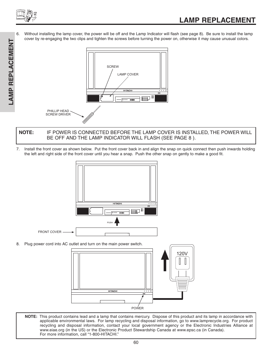 Lamp replacement, Lamp repla cement | Hitachi 50C10 User Manual | Page 60 / 72