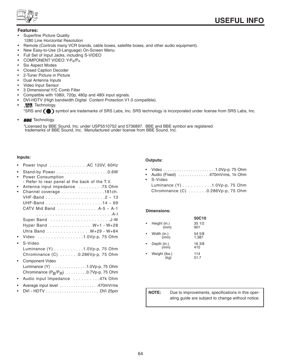 Useful info | Hitachi 50C10 User Manual | Page 64 / 72