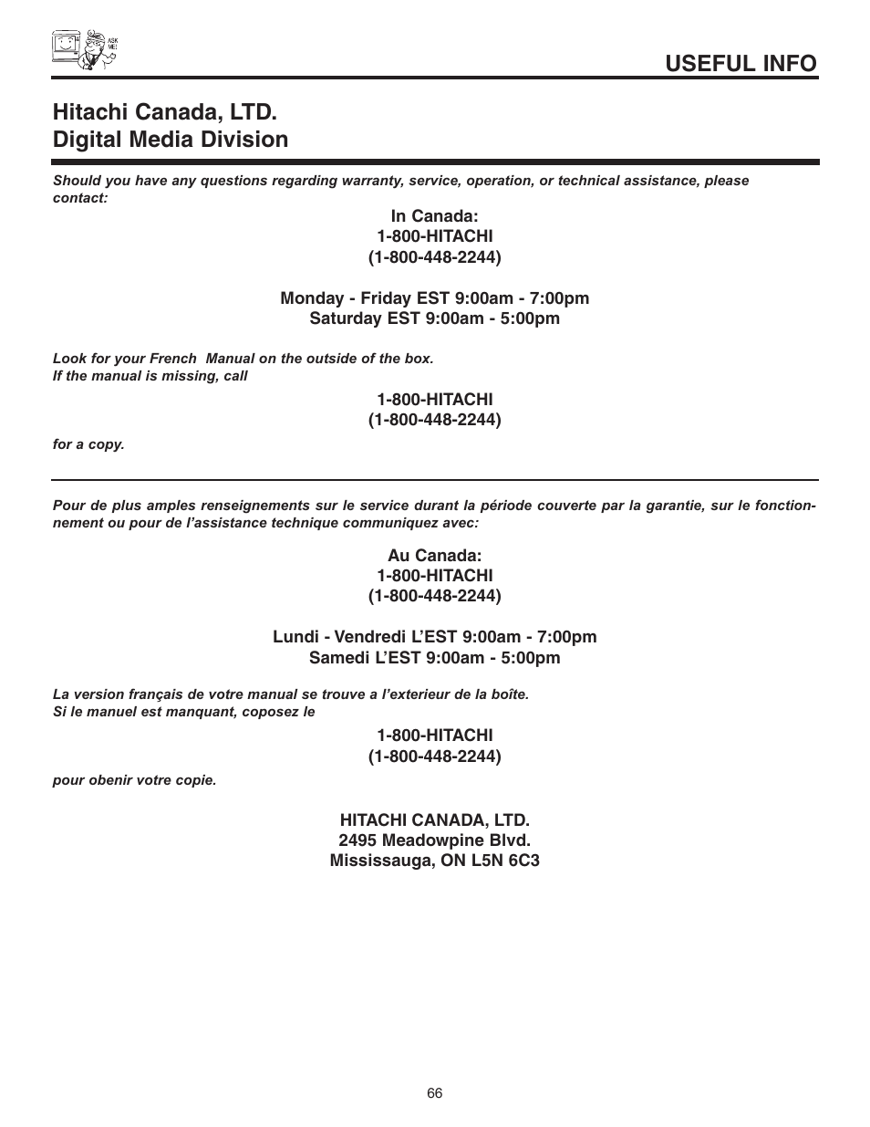 Useful info, Hitachi canada, ltd. digital media division | Hitachi 50C10 User Manual | Page 66 / 72