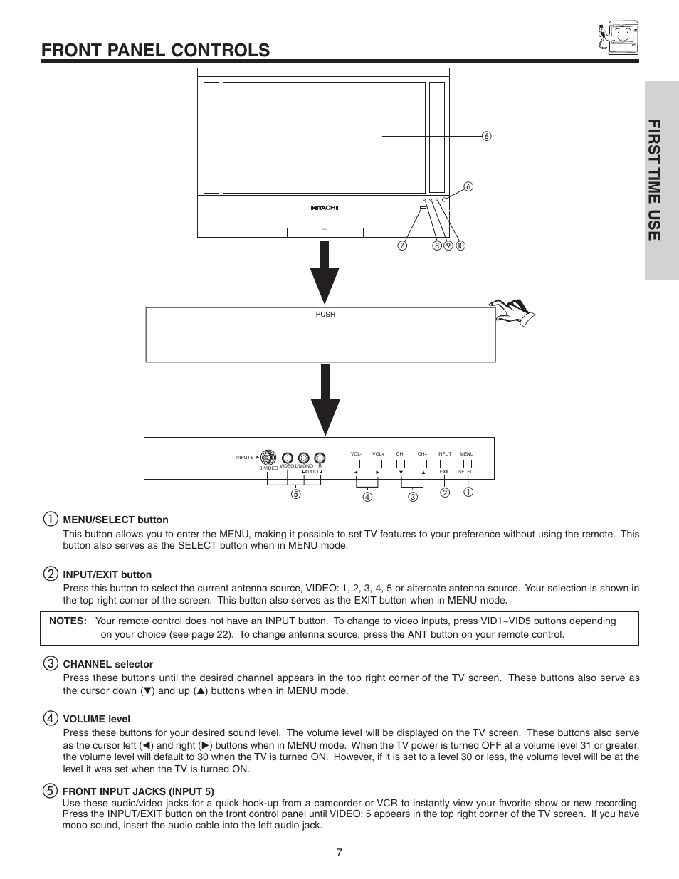 Front panel controls, First time use | Hitachi 50C10 User Manual | Page 7 / 72