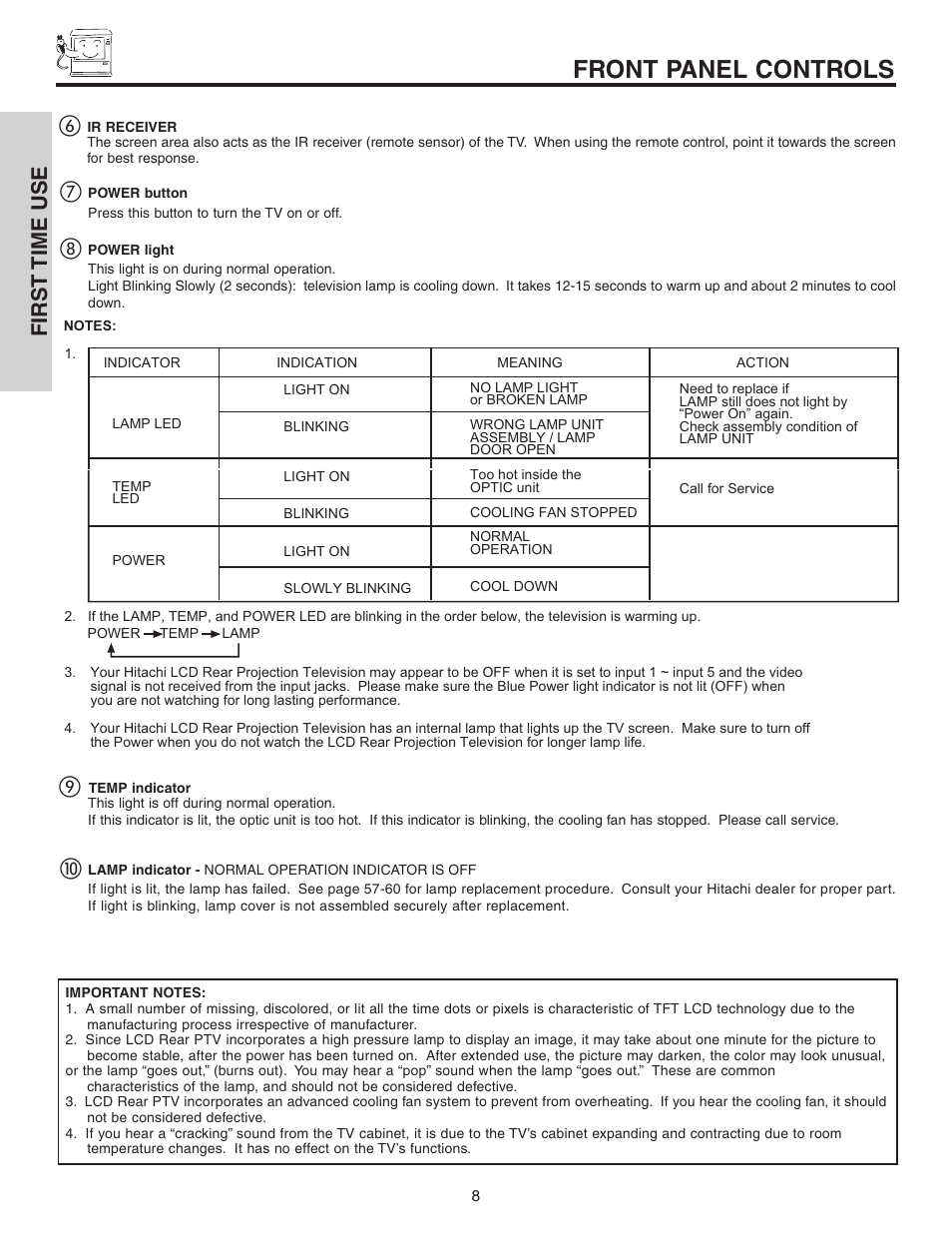 Front panel controls, First time use ቧ | Hitachi 50C10 User Manual | Page 8 / 72