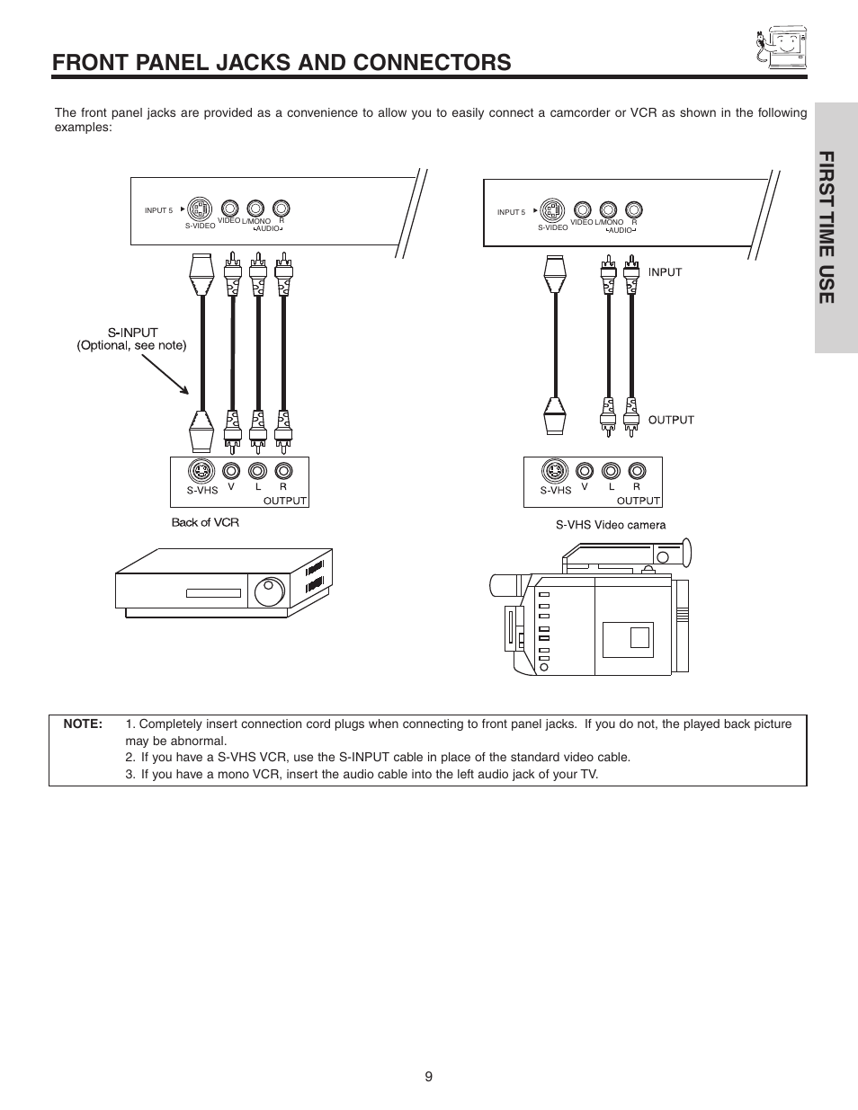 Front panel jacks and connectors, First time use | Hitachi 50C10 User Manual | Page 9 / 72