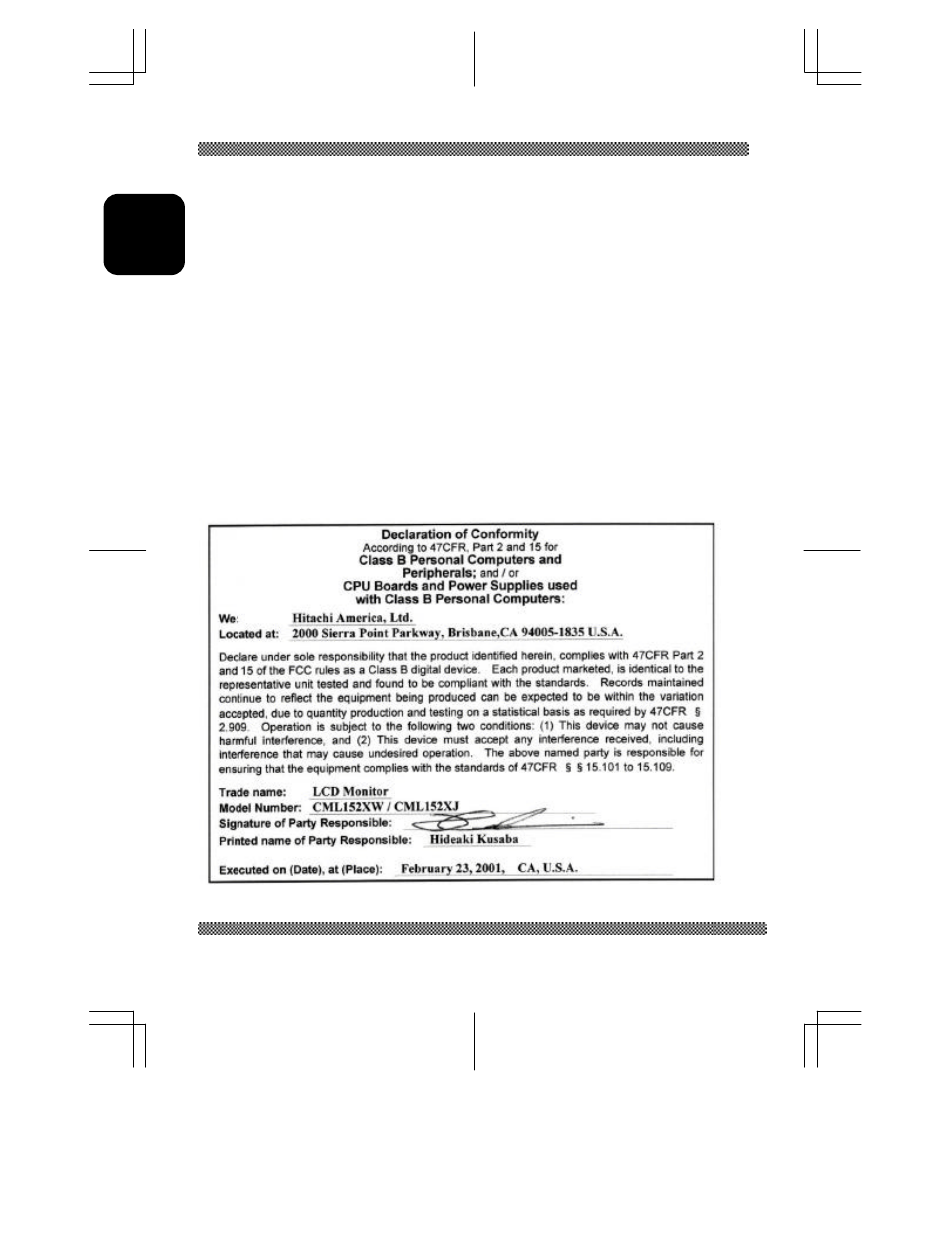 Fcc s, Tatement, Arning | Or the, Ustomers in, Canada, Fcc statement warning, For the customers in canada | Hitachi CML152XW User Manual | Page 13 / 31