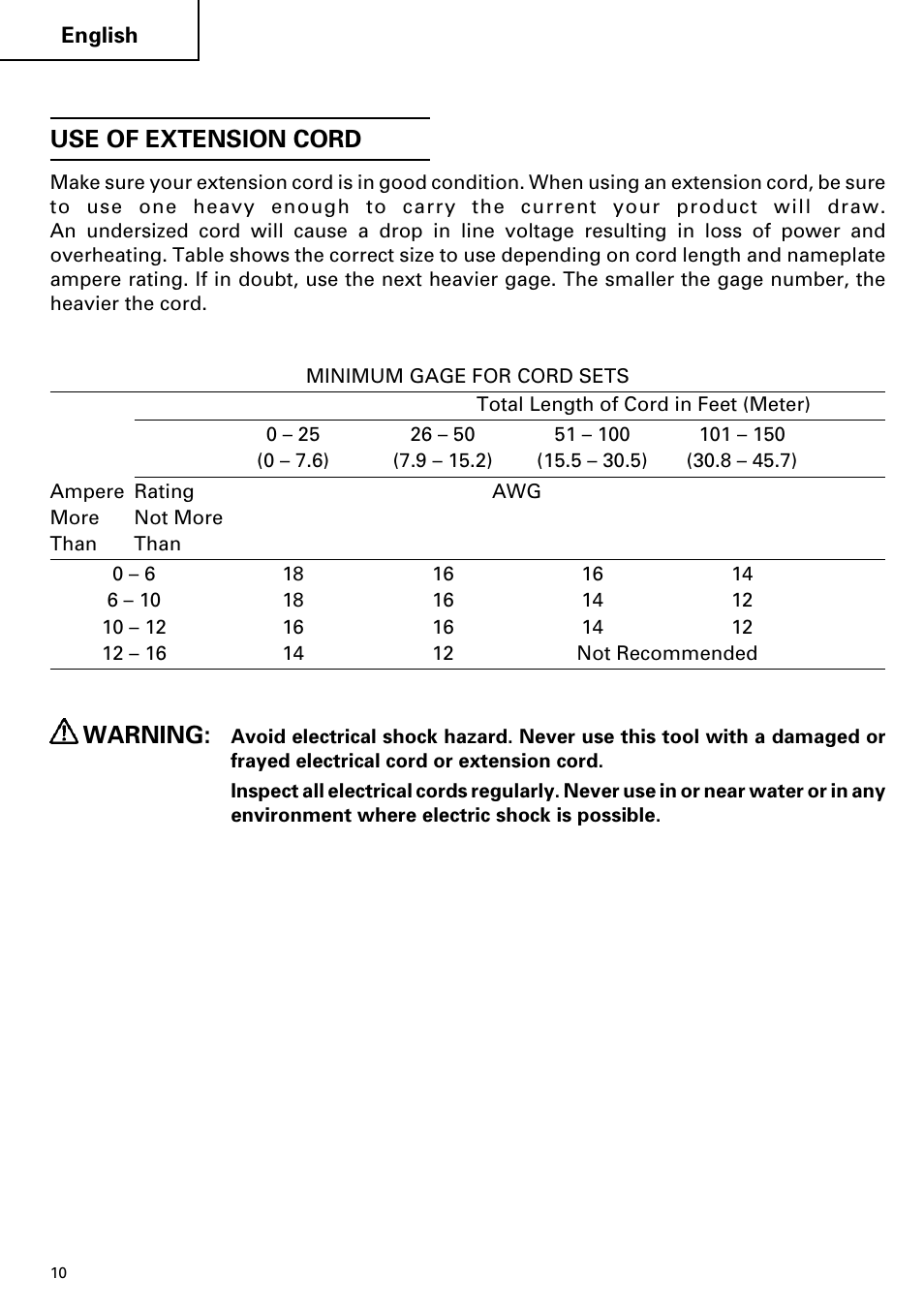 Use of extension cord, Warning | Hitachi C 7YA User Manual | Page 10 / 68