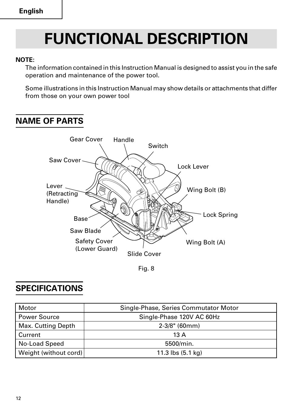 Functional description, Name of parts, Specifications | Hitachi C 7YA User Manual | Page 12 / 68