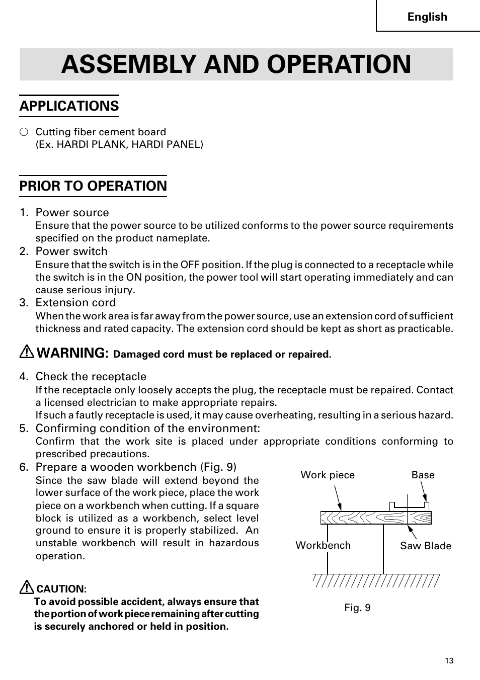 Assembly and operation, Applications, Prior to operation | Warning | Hitachi C 7YA User Manual | Page 13 / 68