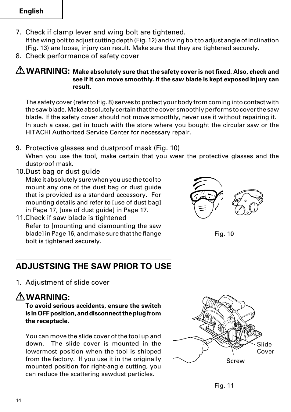 Warning, Adjustsing the saw prior to use | Hitachi C 7YA User Manual | Page 14 / 68