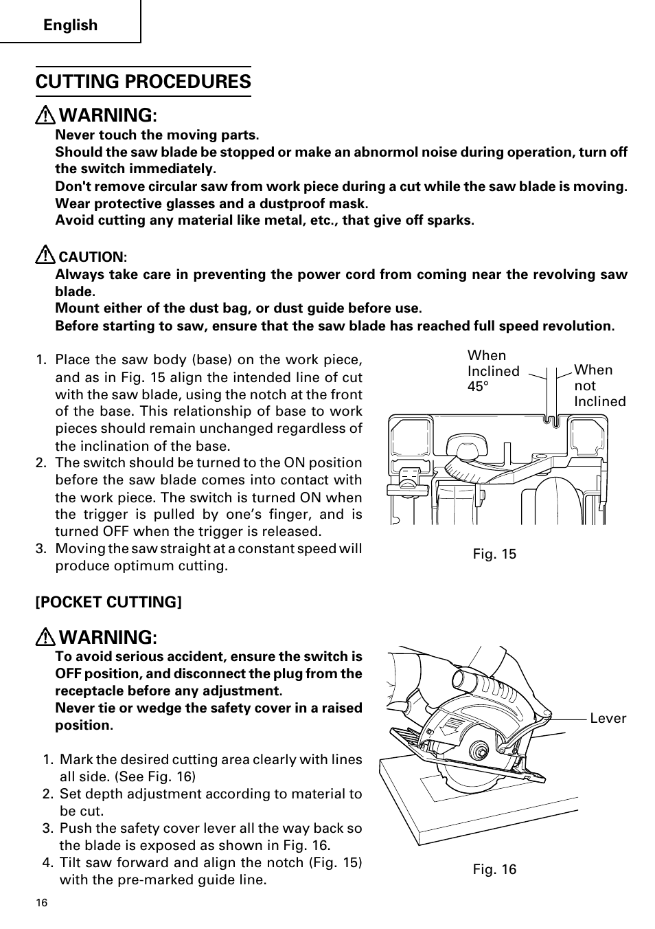 Cutting procedures warning, Warning | Hitachi C 7YA User Manual | Page 16 / 68