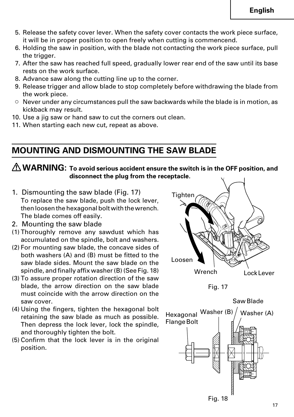 Mounting and dismounting the saw blade warning | Hitachi C 7YA User Manual | Page 17 / 68