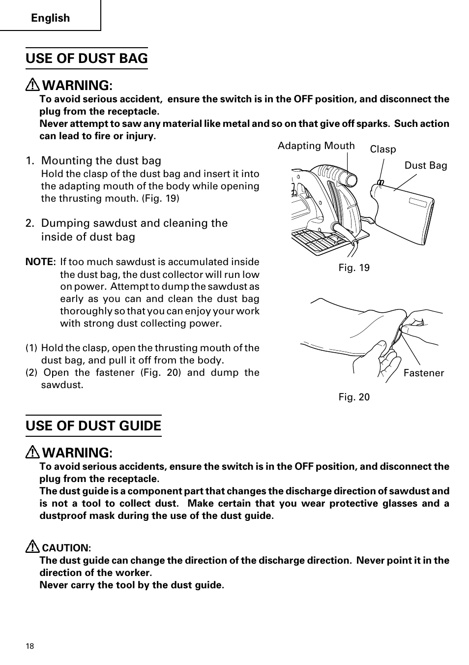 Use of dust bag warning, Use of dust guide warning | Hitachi C 7YA User Manual | Page 18 / 68