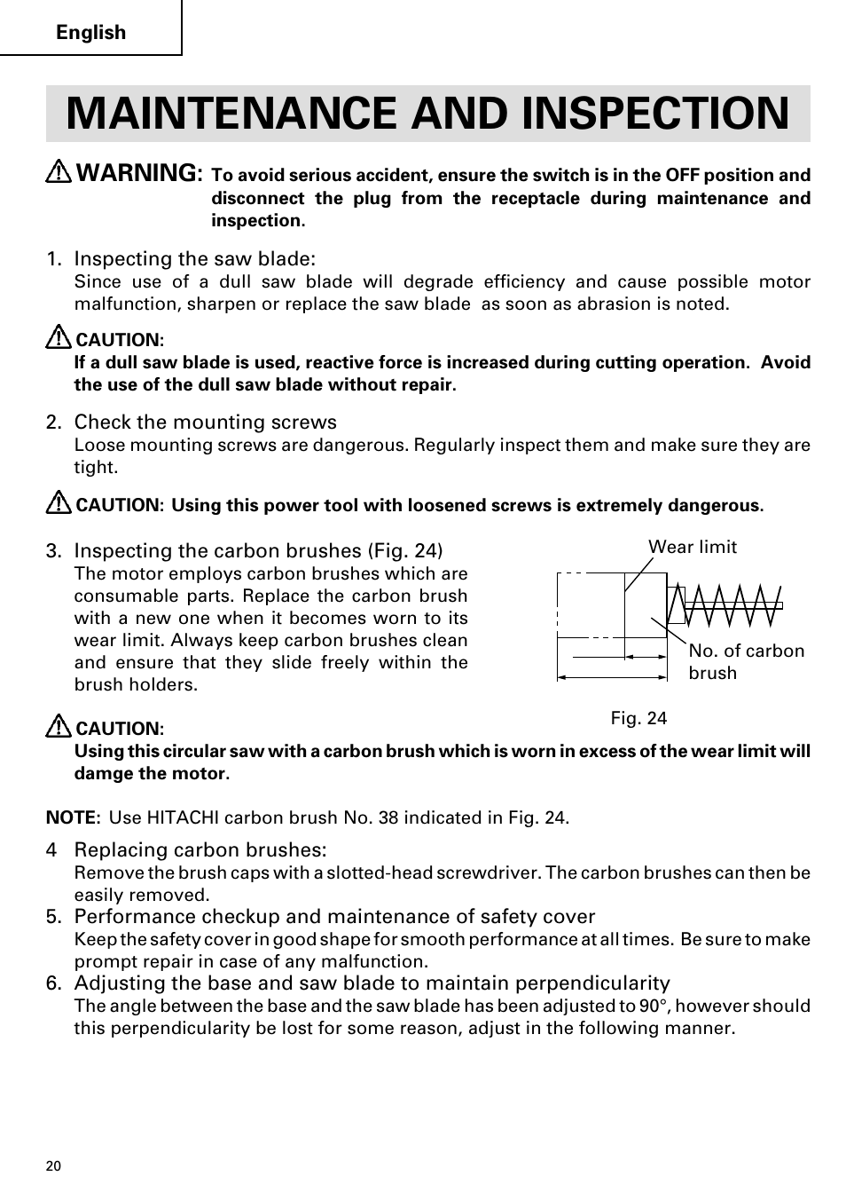 Maintenance and inspection, Warning | Hitachi C 7YA User Manual | Page 20 / 68