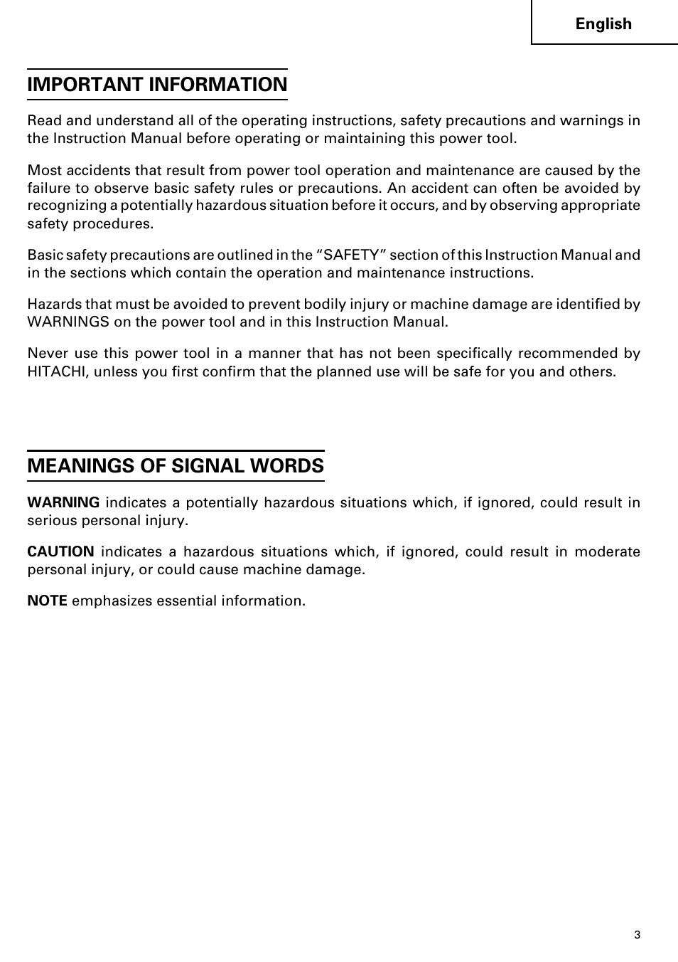 Important information, Meanings of signal words | Hitachi C 7YA User Manual | Page 3 / 68