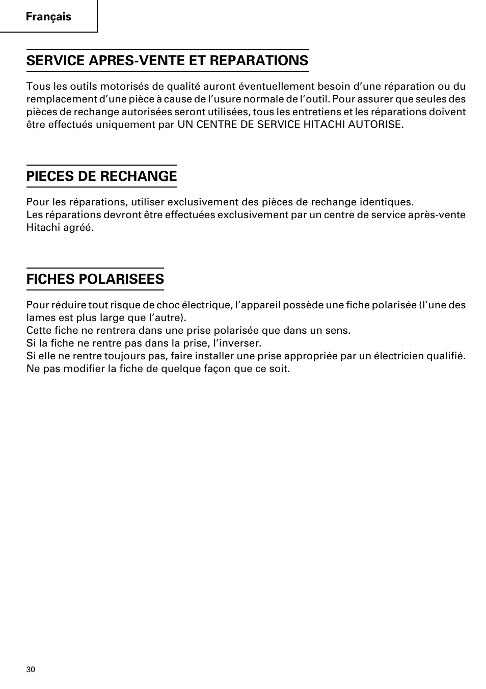 Service apres-vente et reparations, Pieces de rechange, Fiches polarisees | Hitachi C 7YA User Manual | Page 30 / 68