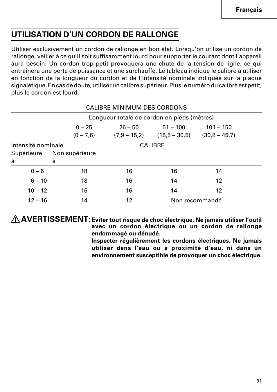 Utilisation d’un cordon de rallonge, Avertissement | Hitachi C 7YA User Manual | Page 31 / 68