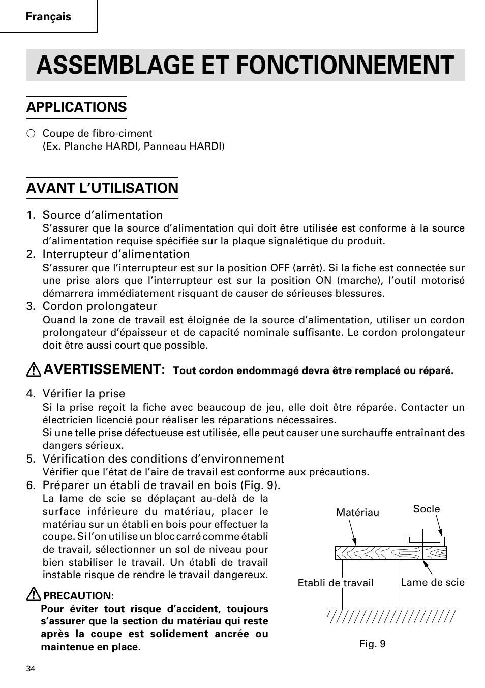 Assemblage et fonctionnement, Applications, Avant l’utilisation | Avertissement | Hitachi C 7YA User Manual | Page 34 / 68